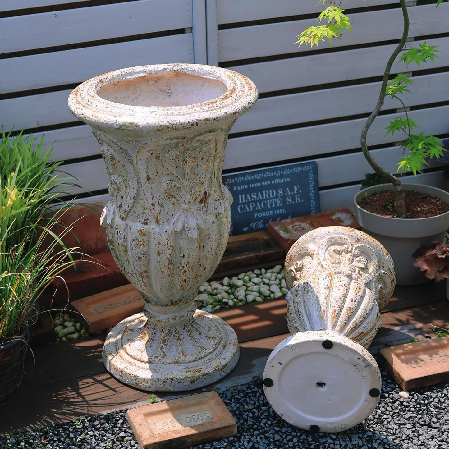 VISIBLE Vintage European Giant Garden Urn Planter, Decorative Cement and Fiber Flower Pot, Make Rust Finished, Wrap Foam Safely Delivered from Los Angeles (Vintage, Medium)