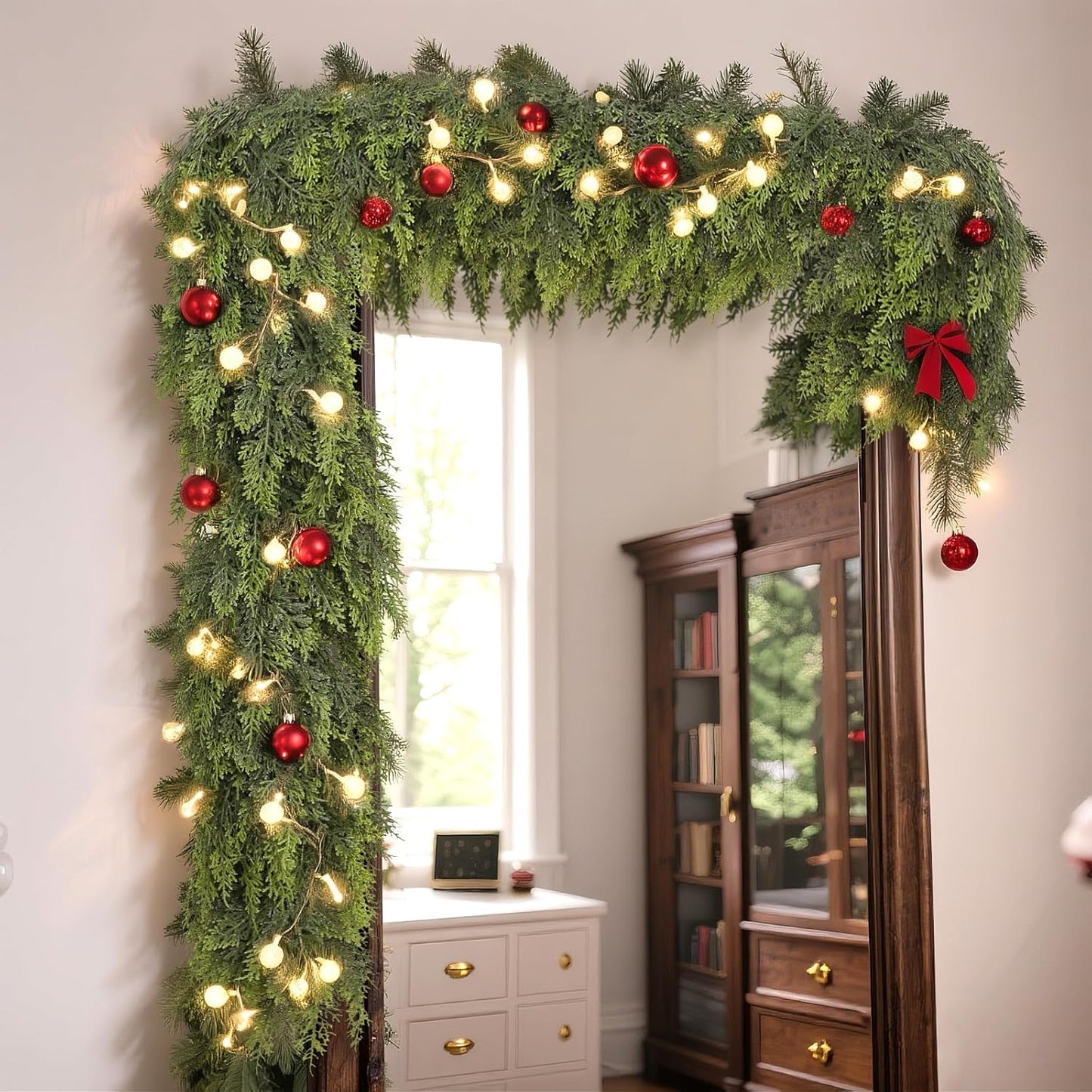 Real Touch Christmas Cedar Garland -5ft Artificial Garlands Faux Cedar Fake Pine Needles Garland for Fireplace,Table,Window,Stairs,Mante,Holiday Indoor Outdoor Xmas Decor(2PCS)