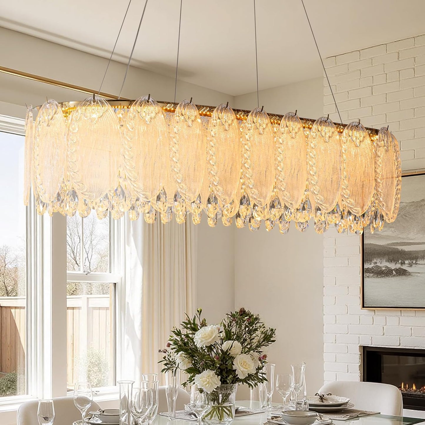 Gold Rectangle Modern Chandeliers for Dining Room Light Fixture, Water Ripple Crystal Glass LED Chandelier for Kitchen Island Bar Living Room, 2700K-6000K