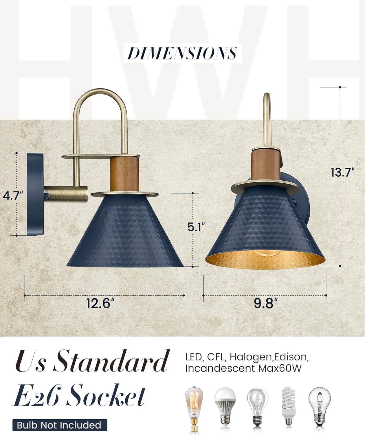 Modern Wall Sconces, HWH Industrial Sconce Wall Lighting Indoor Wall Lamp, Gooseneck 1-Light Barn Vanity Light for Kitchen Bedroom, Hammered Metal Shade, Navy Blue Finish, 5HZG74B-L BL+BG