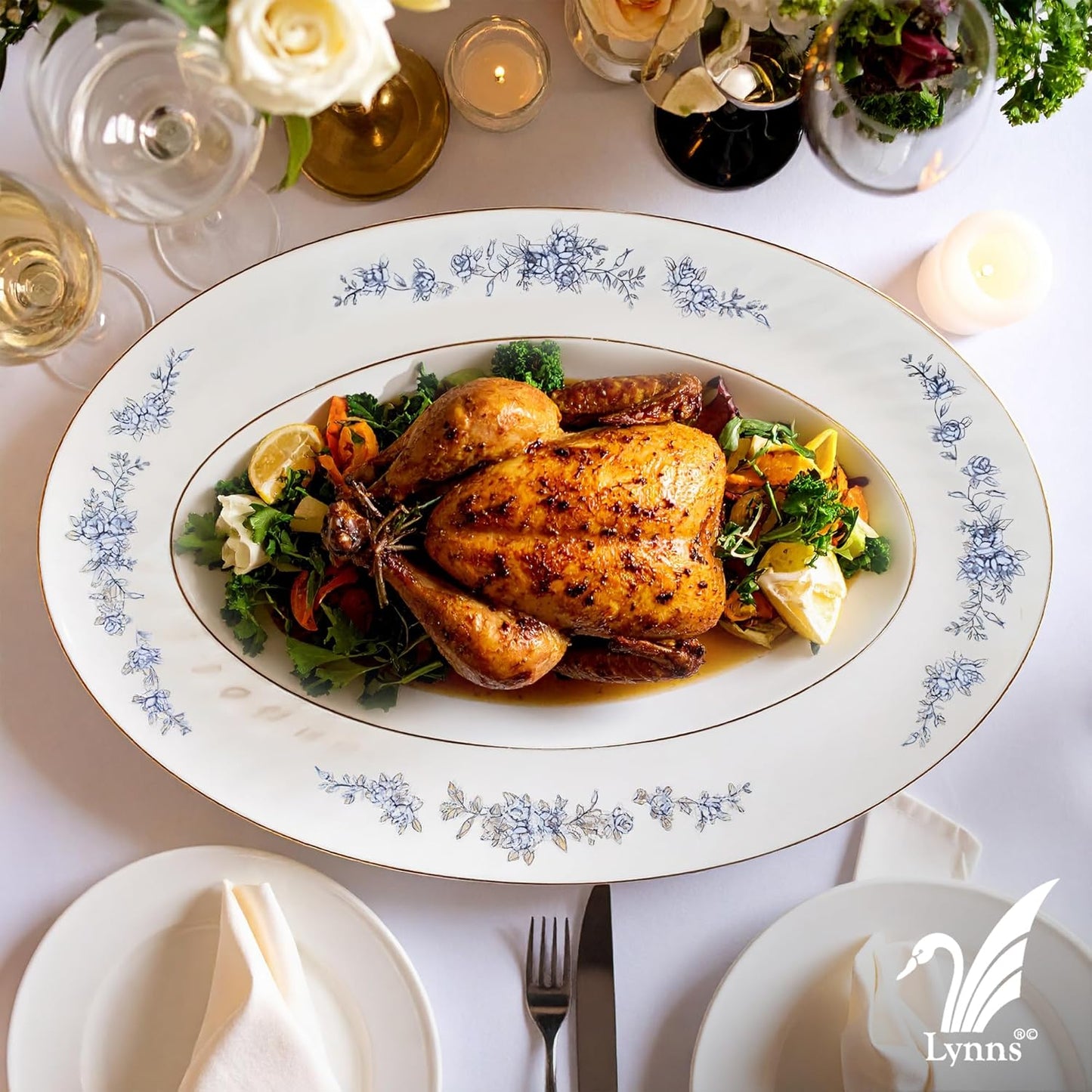 Lynns Paradise Royal Rose 14-Inch Oval Platter, Set of 2, Blue; Heavy Duty; Chip Resistant; Lead and Cadmium Free; Freezer to Oven Safe up to 500°F