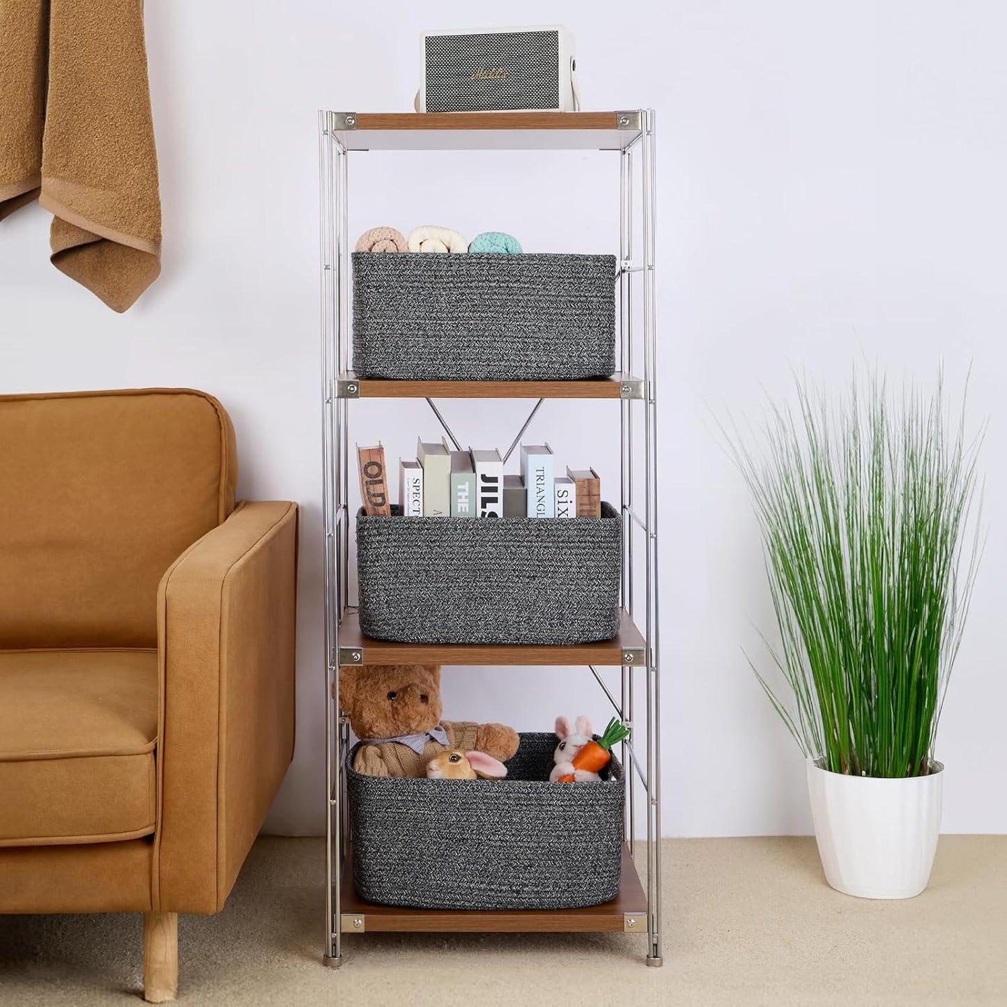 Large Storage Baskets for Shelves, Closet Organizers Bins for Clothes Blanket Towels, Baby Nursery, Toy Baskets Box, Woven Rope Baskets, 17 x 13 x 7.5”, 3 Packs Dark Gray