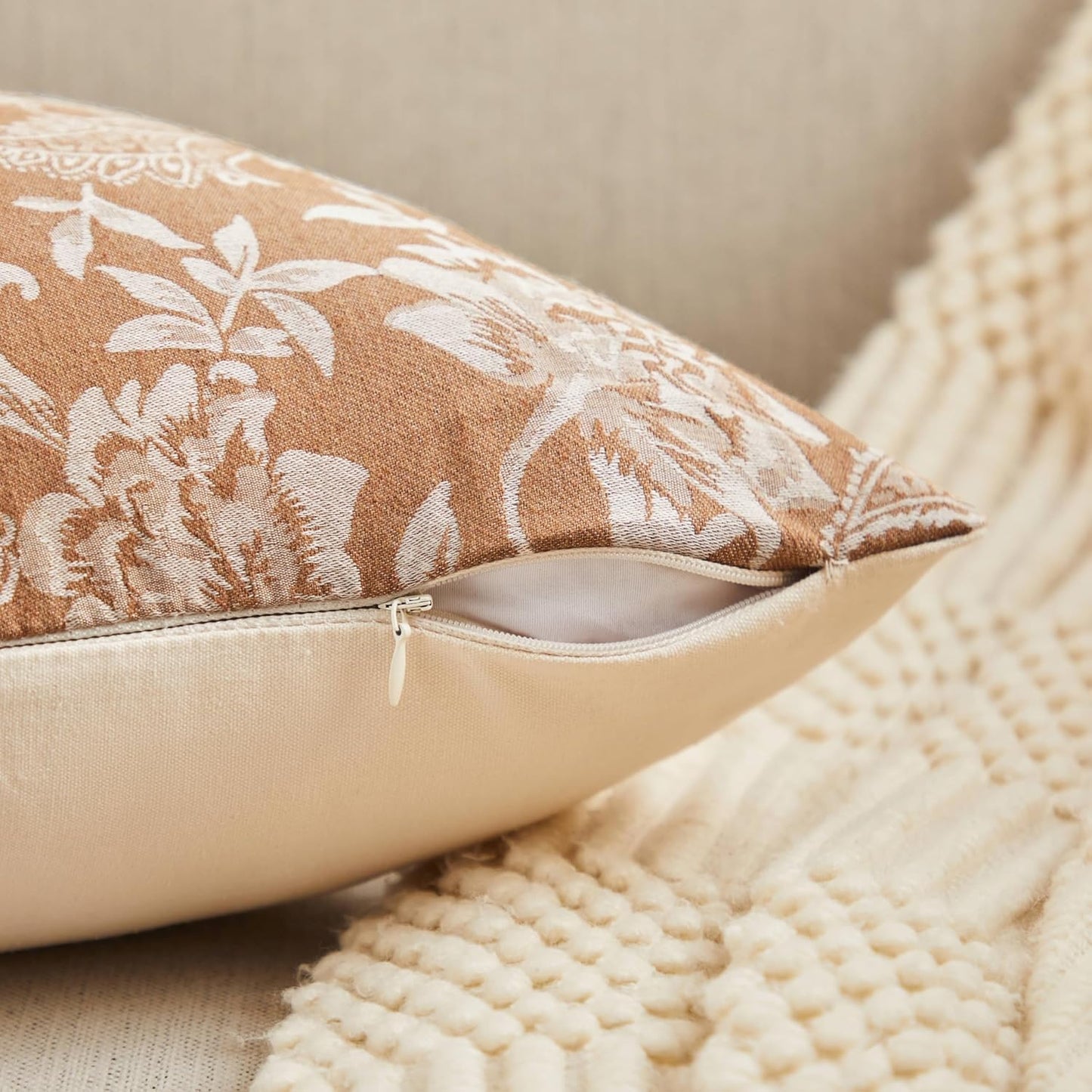 Floral Jacquard Throw Pillow Covers Set of 2, Background/Caramal 16x16 Inch, Farmhouse Decorative Cotton Caramal Cushion Covers for Sofa Bed Living Room Home Decor