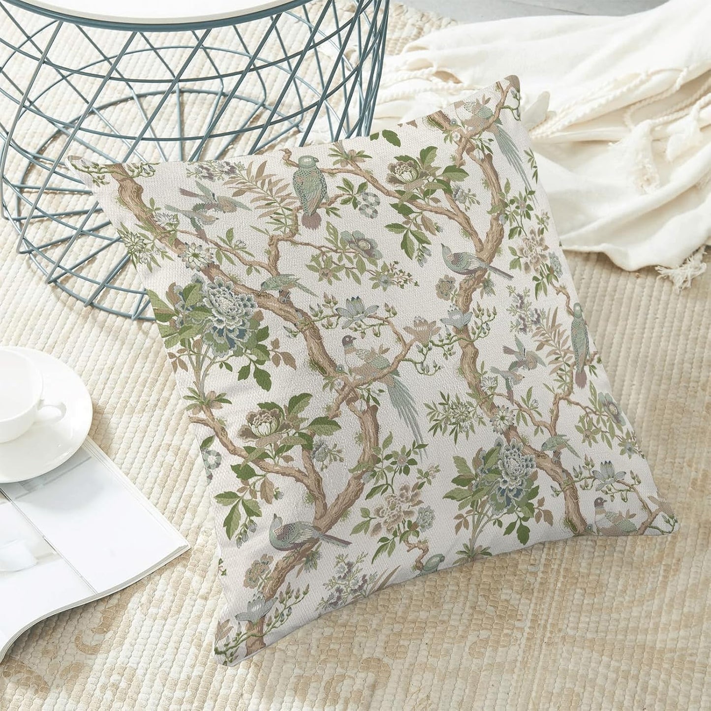 CXMEIFLY Chinoiserie Spring Pillow Covers 20 x 20 Inch Set of 2 for Sage Green Blue Vintage Flowers Bird Decor Throw Pillows Plant Farmhouse Outdoor Decorative Cushion Cases for Couch Bed Decorations