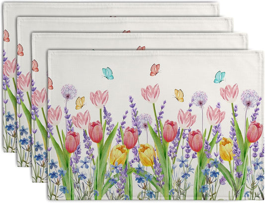Tulip Placemats Set of 4 Spring Summer Flowers Tulips Lavender Place Mats Watercolor Floral Dandelion Butterfly Non-Slip Heat Resistant Washable Linen Table Mats for Dining Table Kitchen Decor