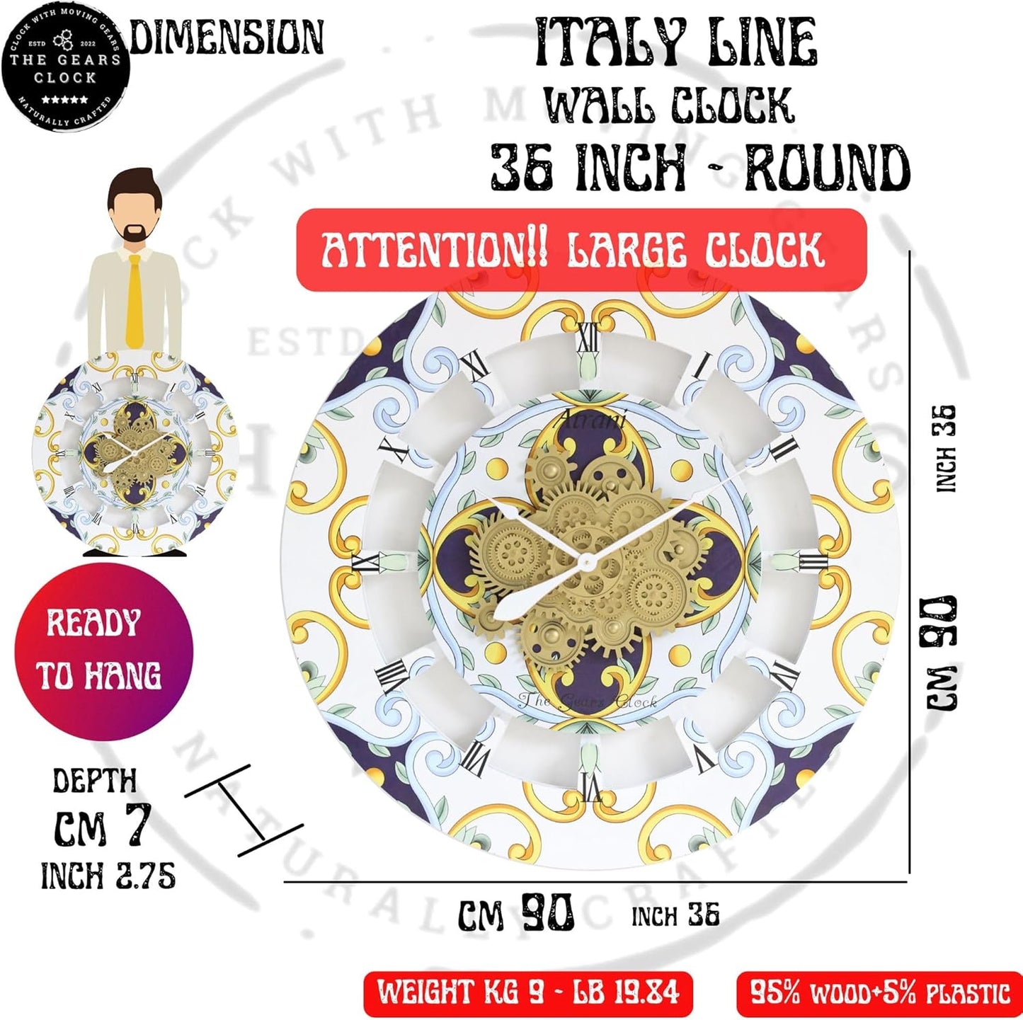 The Gears Clock Wall Clock Italy Collection with Moving Gears (Ravello, 36 inch Round)