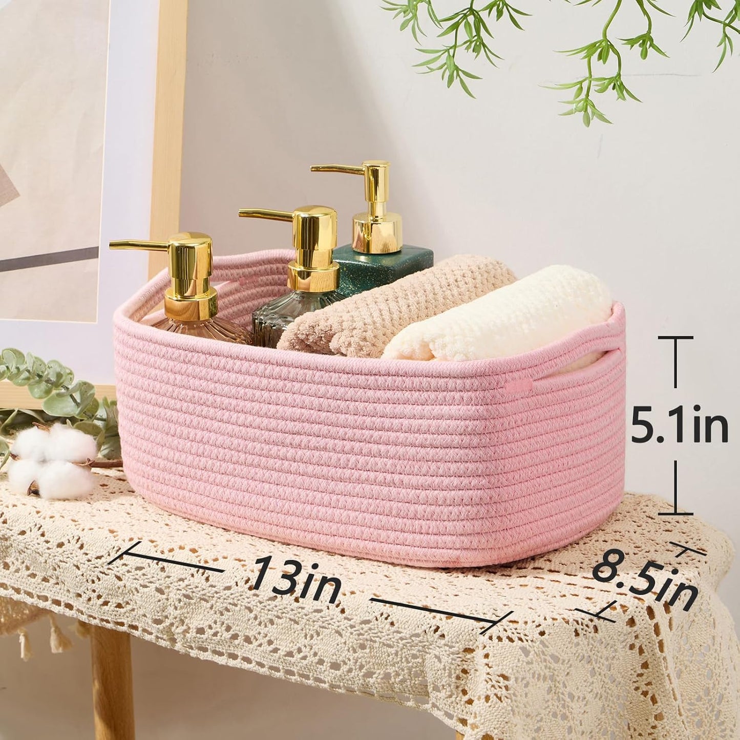 Small Storage Baskets for Organizing | Closet Organizer Bins | Shelf Toy Basket | Woven Rope Baskets | Cube Decorative Box | Shallow Basket | 13x8.5x5.1” | 4 Packs Light Pink
