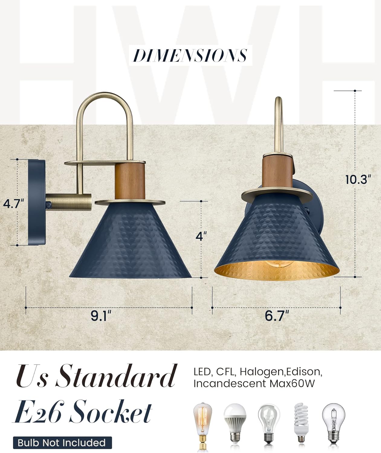 Industrial Wall Sconces Set of Two, HWH Indoor Wall Sconce 1-Light Barn Vanity Light, Gooseneck Wall Lamp for Bathroom Bedroom Bedside Kitchen, Hammered Metal Shade, Navy Blue Finish, 5HZG74B-2 BL+BG