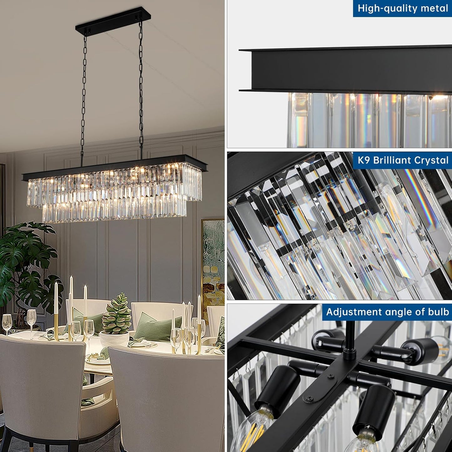 Crystal Chandeliers for Dining Room Light Fixtures Over Table，15-Lights Black Modern Rectangle Chandeliers for Kitchen Island Bar L40 Inch