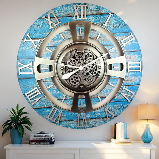 The Gears Clock Real Moving Gear Wall Clock England Line (Ocean Blue, 36 inches (90 cm))