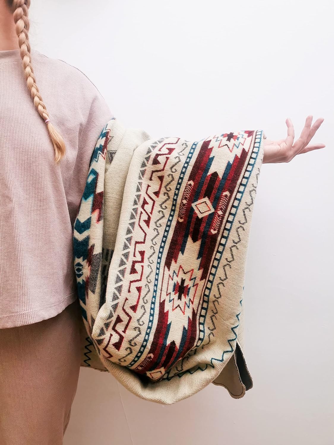 Inca Aztec Throw, Queen, King Blanket | Southwest Indian Navajo Boho Style | Native Cover for Camping, Bedding, Couch, Vanlife | Faux Alpaca, Lightweight, Hypoallergenic (Chimborazo Beige, King)