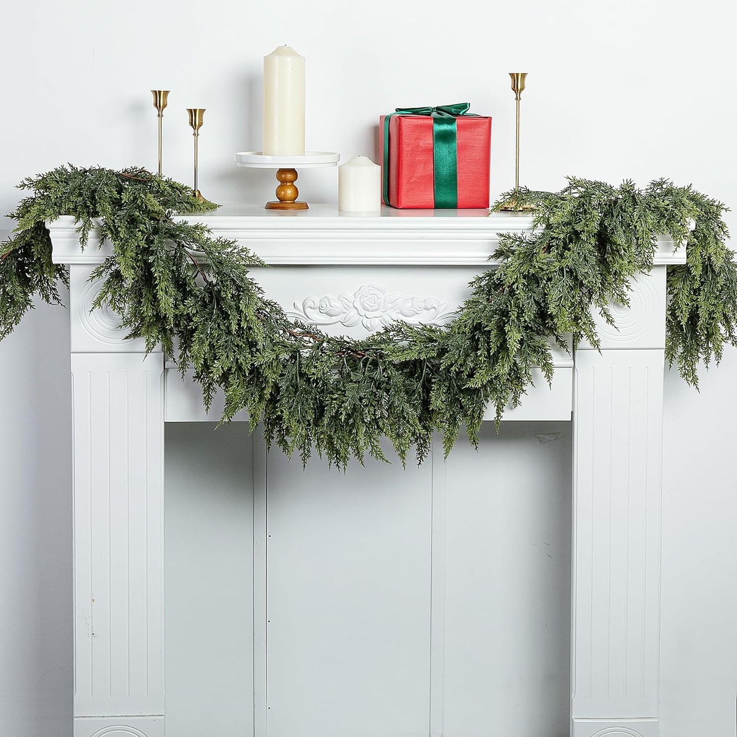 2 Pcs Christmas Norfolk Pine Garlands, 6 Ft Double Color Real Touch Artificial Cedar Garland, Faux Pine Cypress Greenery Garland Ornaments for Mantle Fireplace Table Indoor Outdoor Xmas Decoration