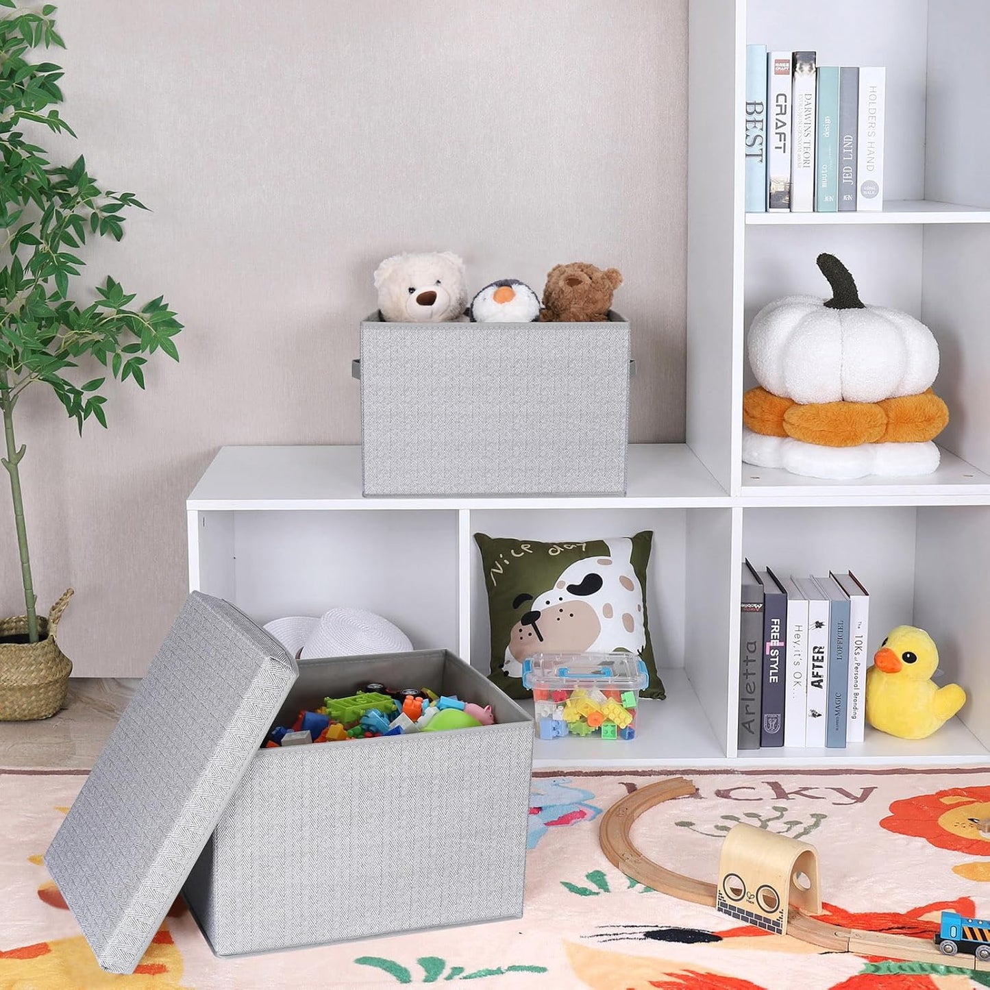 WUIKE 3 Pack Extra Large Foldable Storage Bins with Lids, Fabric Storage Bins for Home and Closet Organization, Herringbone Gray