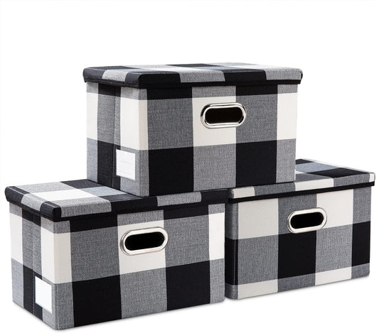 PRANDOM Collapsible Storage Bin with Lid [3-Pack] Fabric Foldable Storage Box Organizer Container Basket Cube with Cover for Home Bedroom Closet Office Nursery Black and White Grid(14.9x9.8x9.8)