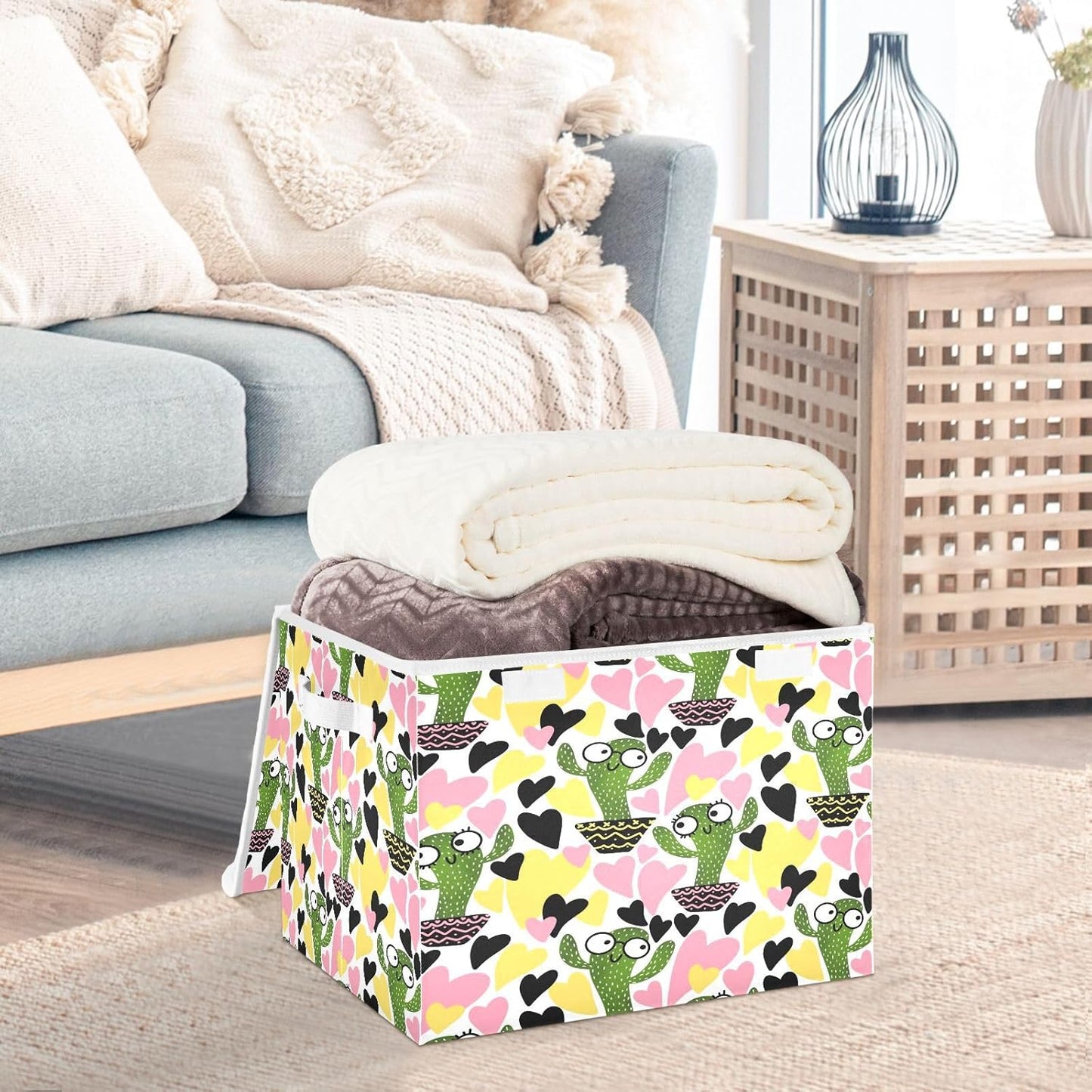 susiyo Cactus Seamless Floral fabric storage baskets with lids,Collapsible Storage Boxes,Foldable storage boxes with handles for Home,Office,Closet Organization