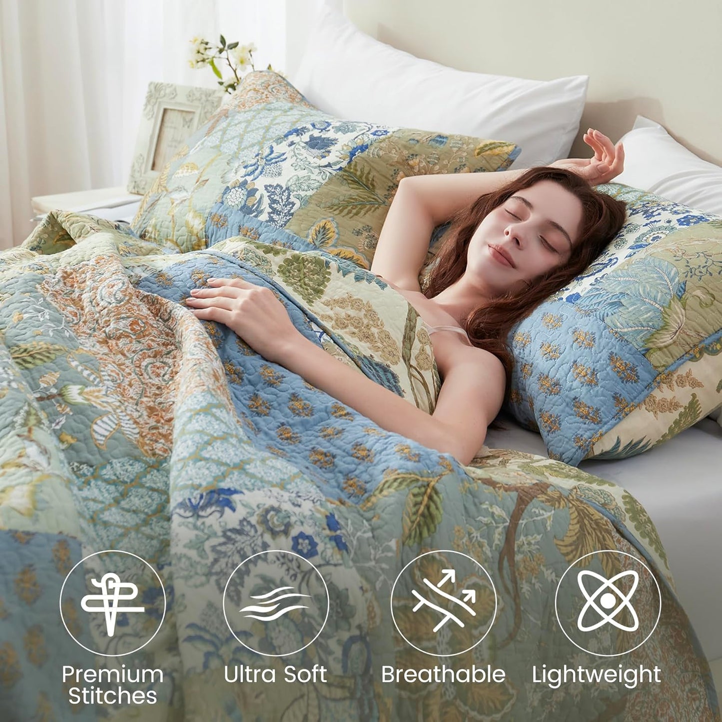 NEWLAKE Quilt Set Twin Size, 100% Cotton Patchwork Green Bohemian Quilt Sets, Reversible Bedspread Lightweight and Breathable for All Seasons, Soft Quilted Bedspread