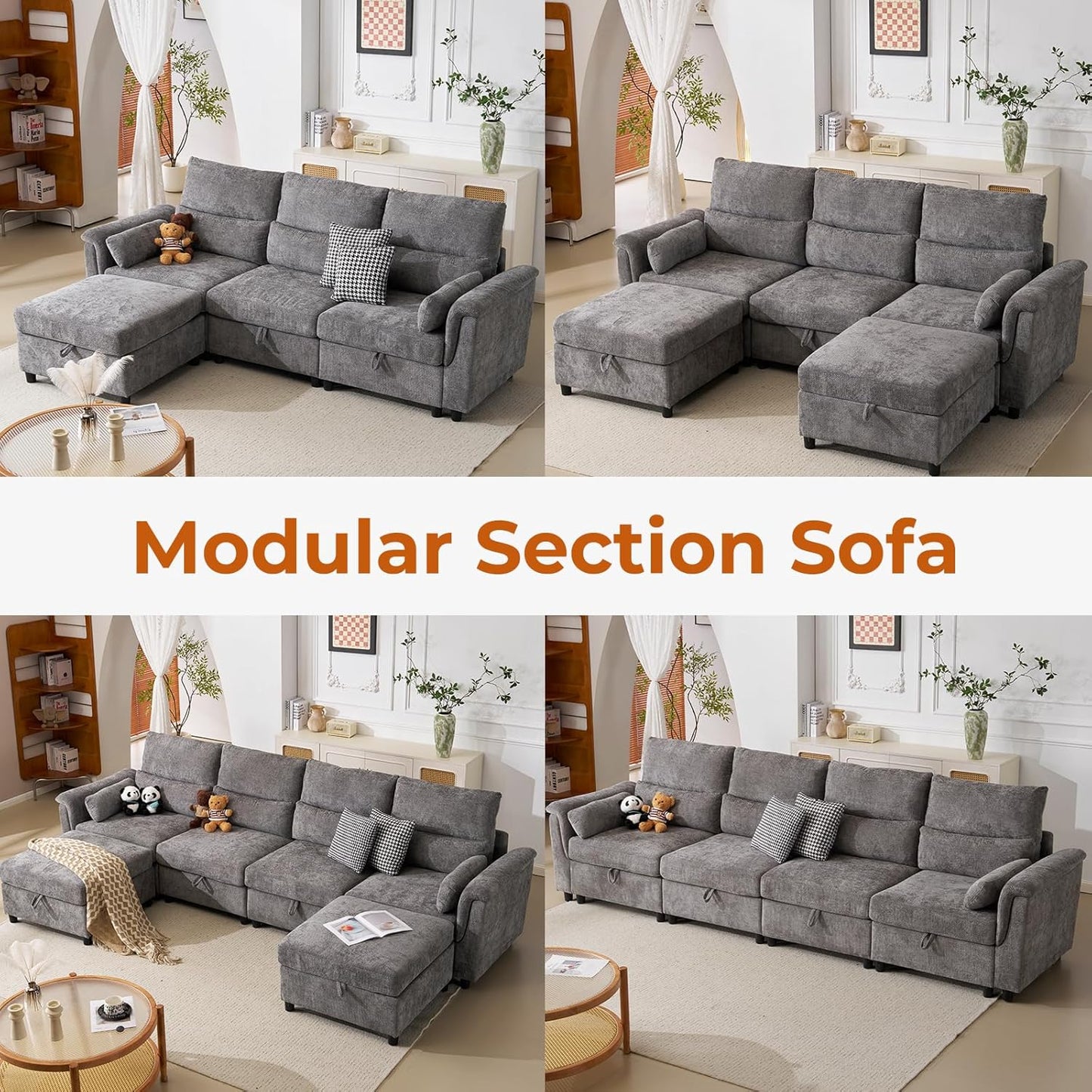 103'' Modular Sectional Sofa, L Shaped Comfy Cloud Couch with Storage,4-Seat Convertible Modern Deep Seat Sofa with Throw Pillows for Living Room, Grey
