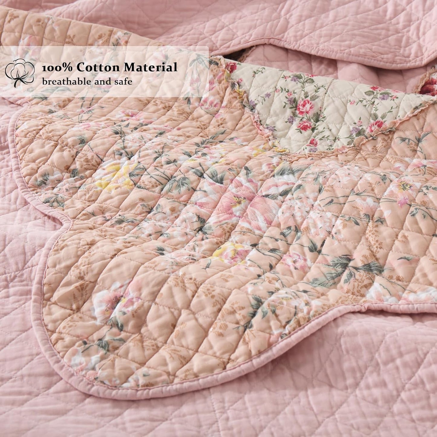 Yvooxny Quilts California King Patchwork Pink Floral Quilt Set Vintage Shabby Chic Botanical Quilted Bedspread 3-Piece Quilt Set with Ruffles for All Seasons, California King, 118 * 110 Inches