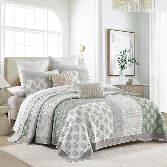 PANGUSHAN Quilt Set Queen Size, 100% Cotton Bedspread Quilt Bedding Set, Patchwork Reversible Floral Quilt for Queen Bed, Greyish-Green Bed Spread, Lightweight Comforter for All Season, 3 Pieces