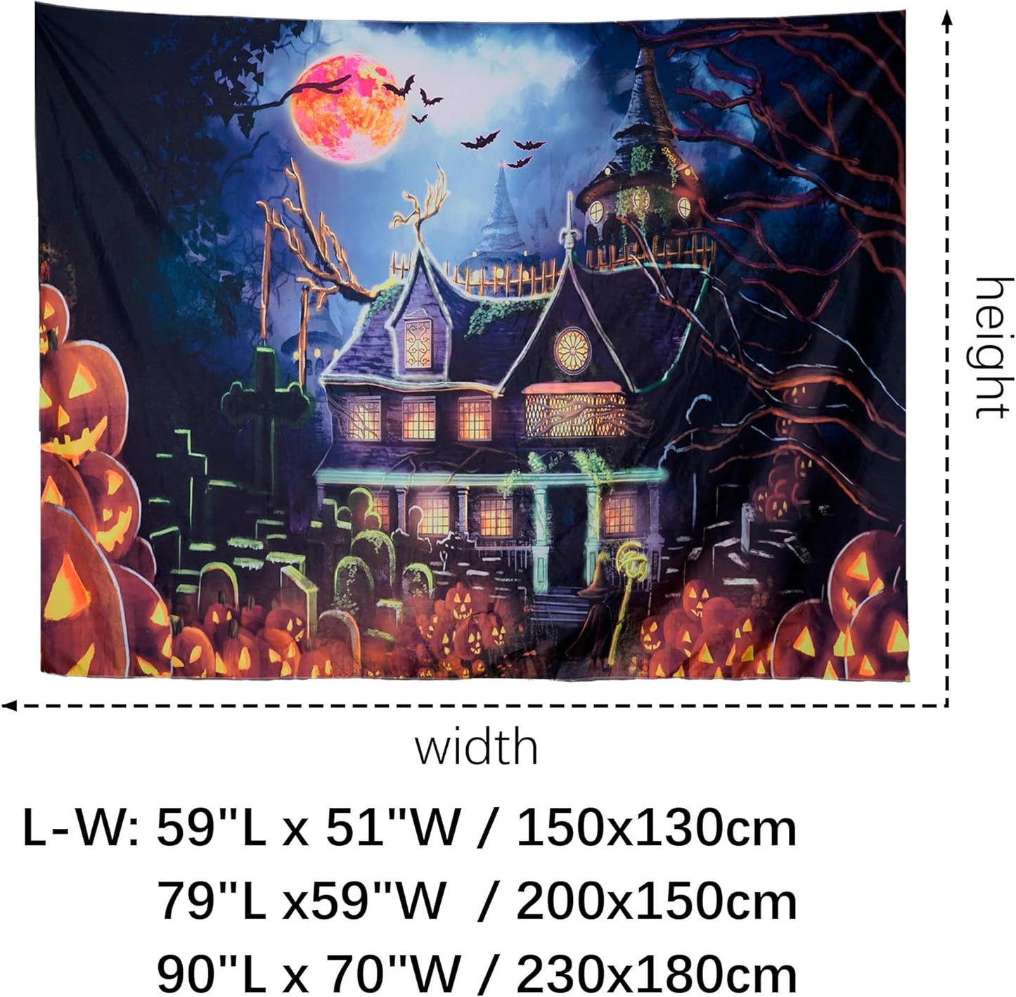 OSVINO Blacklight Halloween Castle Tapestry 59"x51" Pumpkins Bats Crosses Backdrop Bedroom Aesthetic Hippie Room Decor Glow in The Dark Wall Poster for Halloween Easter