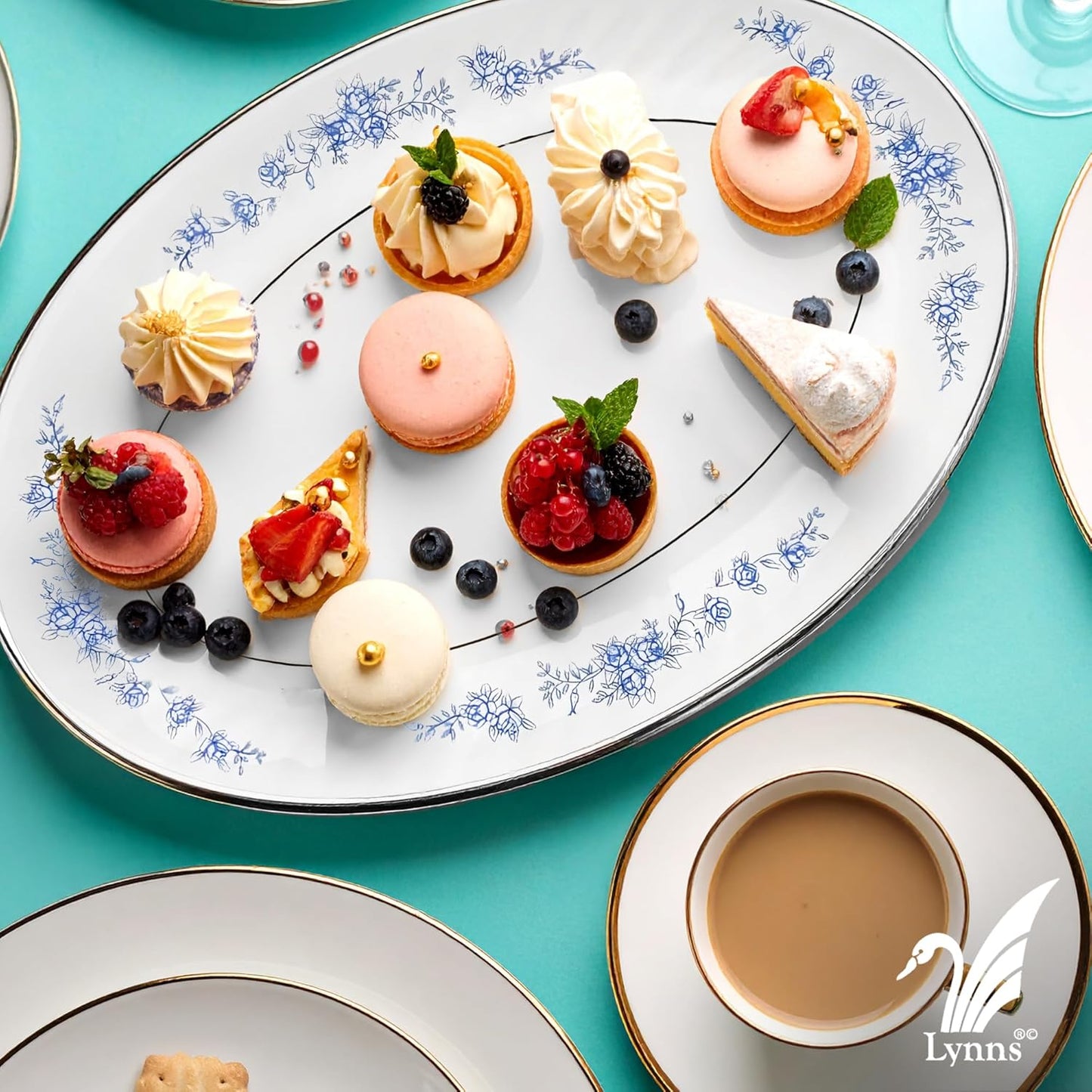 Lynns Paradise Royal Rose 14-Inch Oval Platter, Set of 2, Blue; Heavy Duty; Chip Resistant; Lead and Cadmium Free; Freezer to Oven Safe up to 500°F