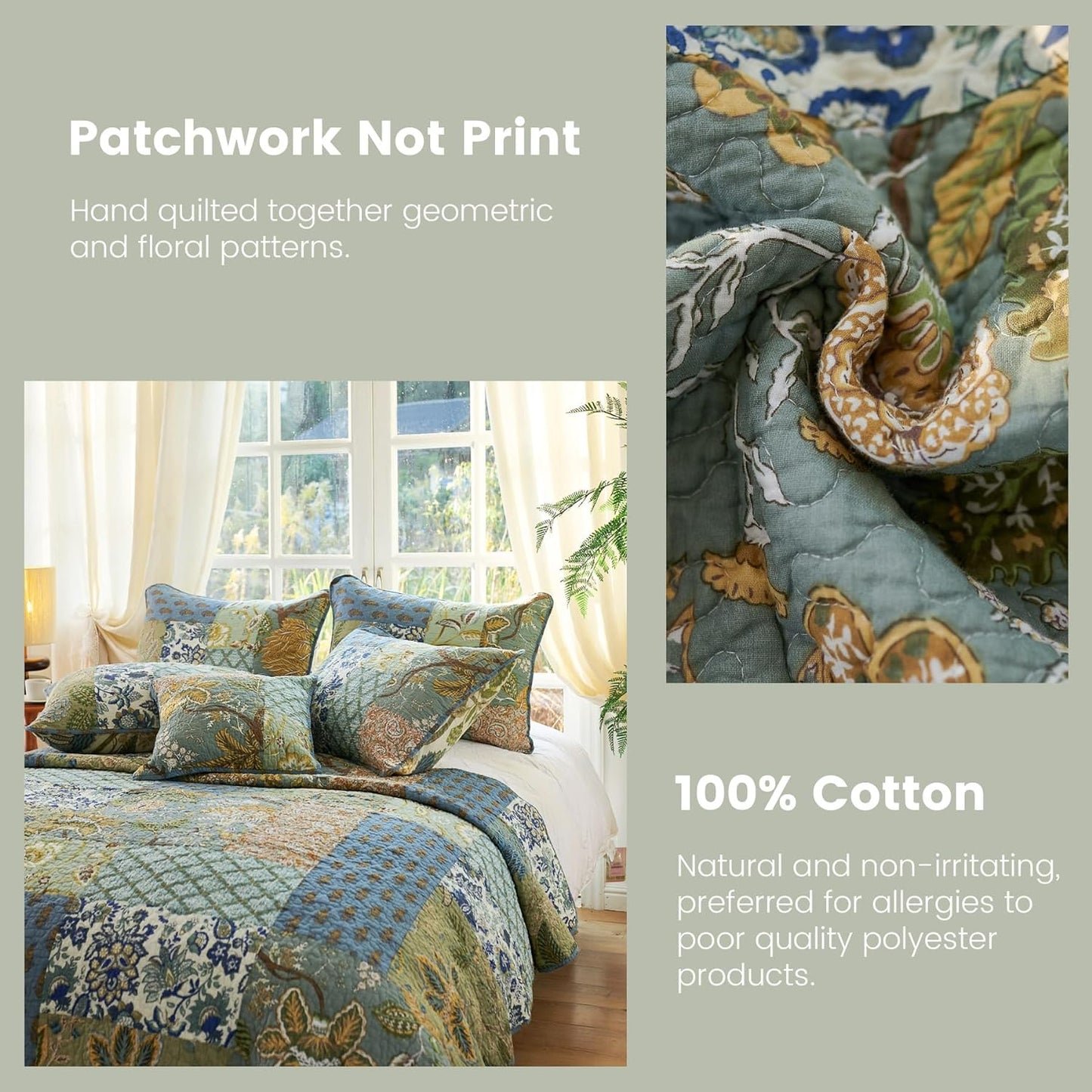 Secgo Queen Comforter Set for Bed - 100% Cotton Quilts Queen Size, Green, Sage Bedspreads (90 * 98 Inch) with 2 Pillow Shams, Patchwork Reversible Lightweight Bedding