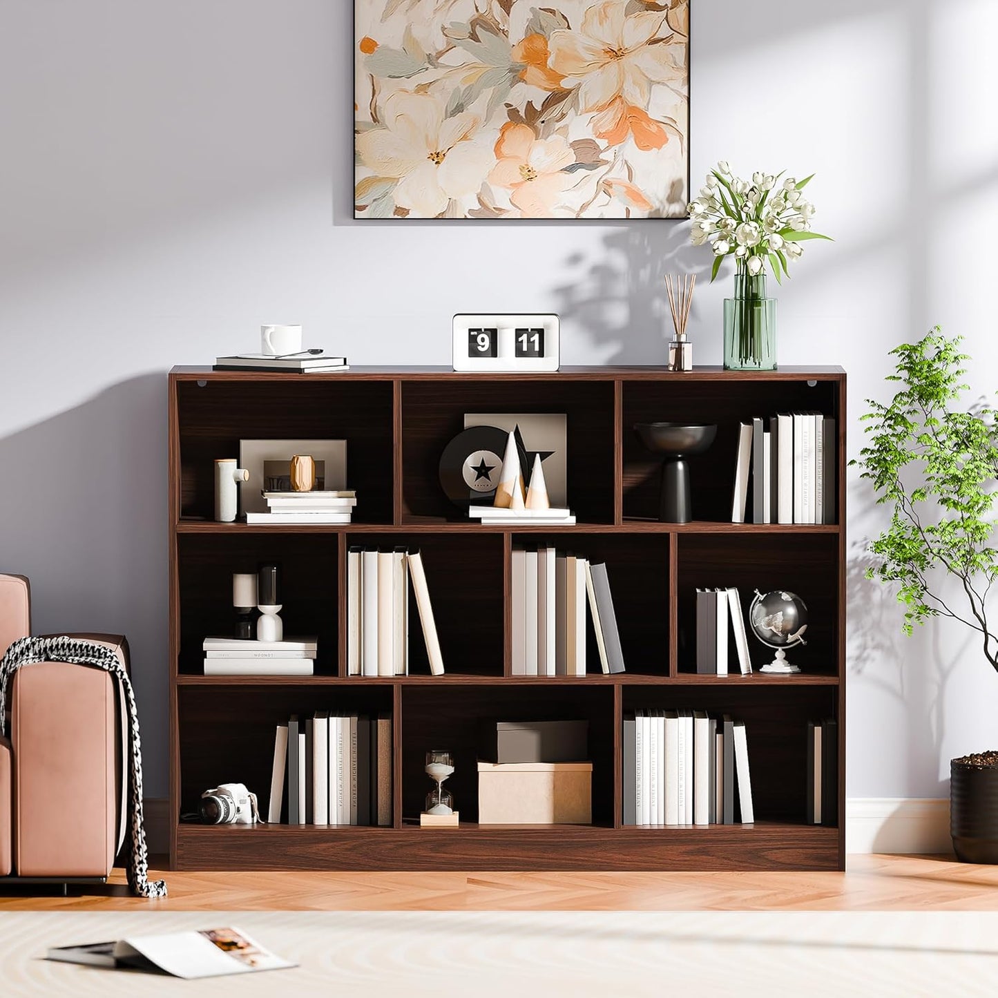 Cozy Castle Brown Bookshelf, 3-Tier Open Shelf Bookcase, 10 Cube Storage Organizer with Anti-Tilt Device, Freestanding Book Storage Shelves for Bedroom, Living Room