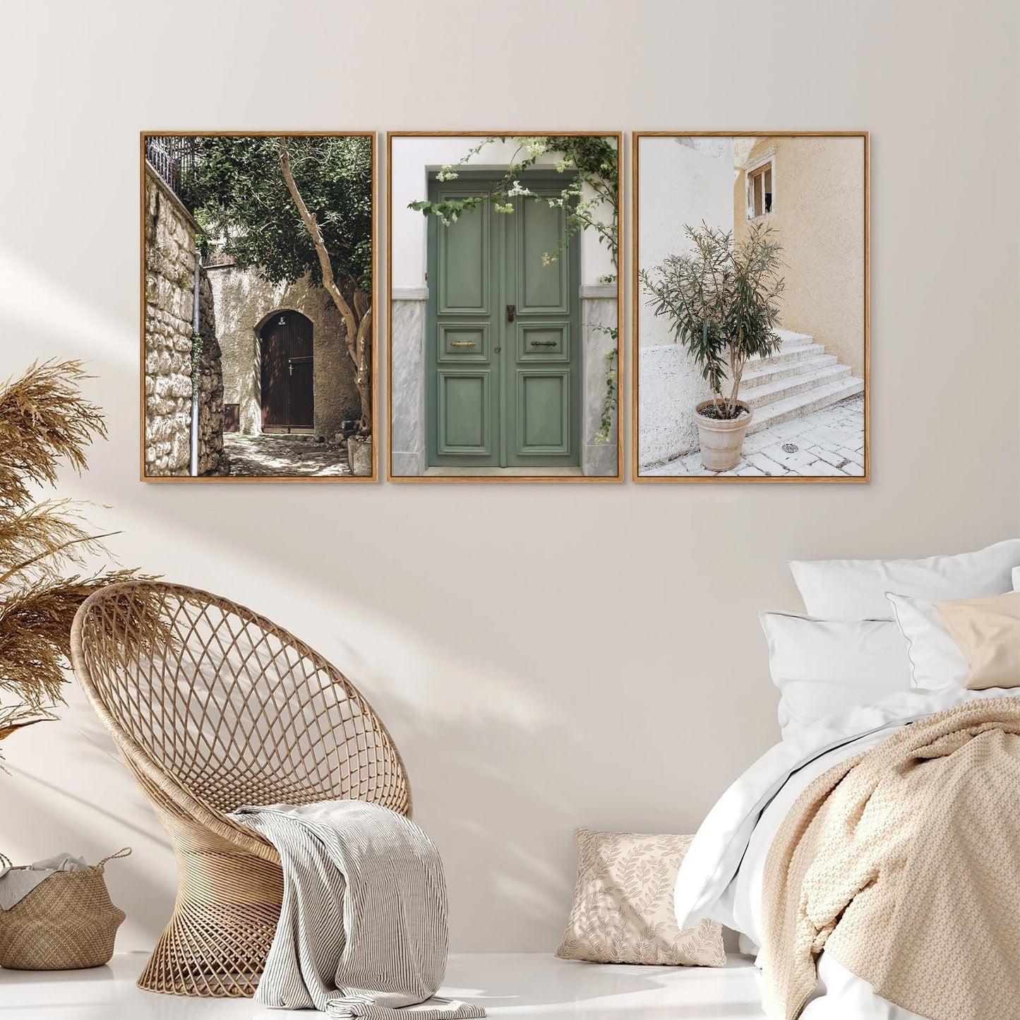 SIGNINART Large Vintage Italy City Landscape Framed Canvas Wall Art Set, Rustic Olive Green Tree Wall Decor, Modern Minimalist French Farmhouse Art Print for Living Room,Bedroom,Office 24"x36"x3