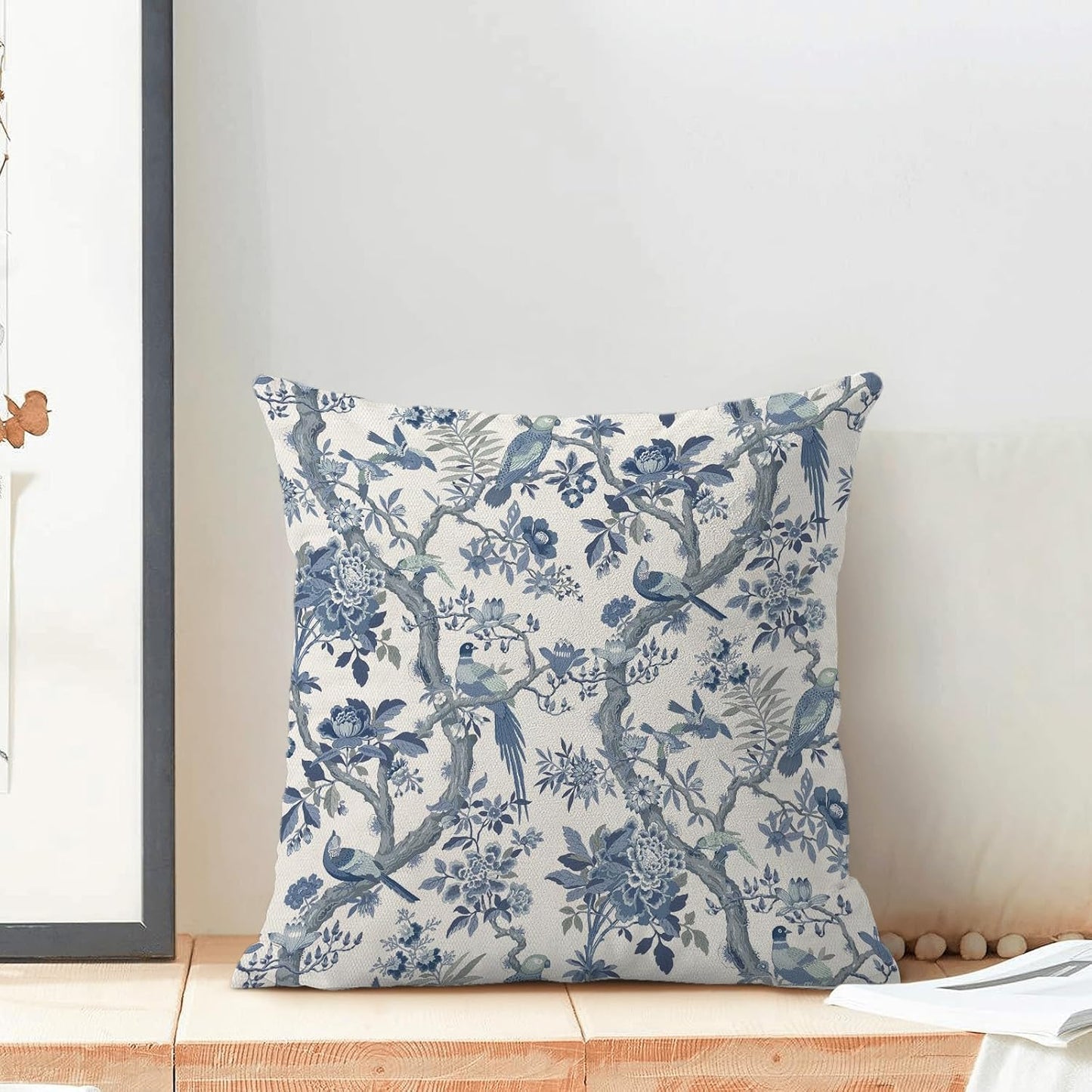 CXMEIFLY Spring Pillow Covers 18 x 18 Inch Set of 2 for Navy Blue Chinoiserie Flowers Bird Decor Throw Pillows Vintage Floral Plant Outdoor Decorative Cushion Cases for Couch Bed Decorations