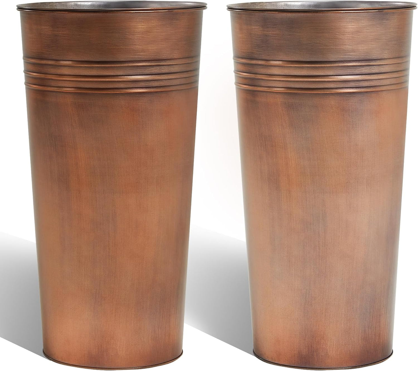 KOL 28'' Tall Galvanized Steel Planter Pot - Flower Pot with Water Level Indicator for Plants - 2 Pack Self Watering Planters - Round Bronze Powder Metal Planter Box - Indoor Outdoor Grande Plant