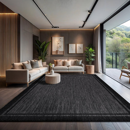 CAMILSON Indoor Outdoor Rug, 10x14 Bordered Dark Grey Black Modern Large Area Rugs for Indoor and Outdoor Patios, Kitchen and Hallway Mats, Washable Porch Deck Outside Carpet (Bordered Black, 10 x 14)