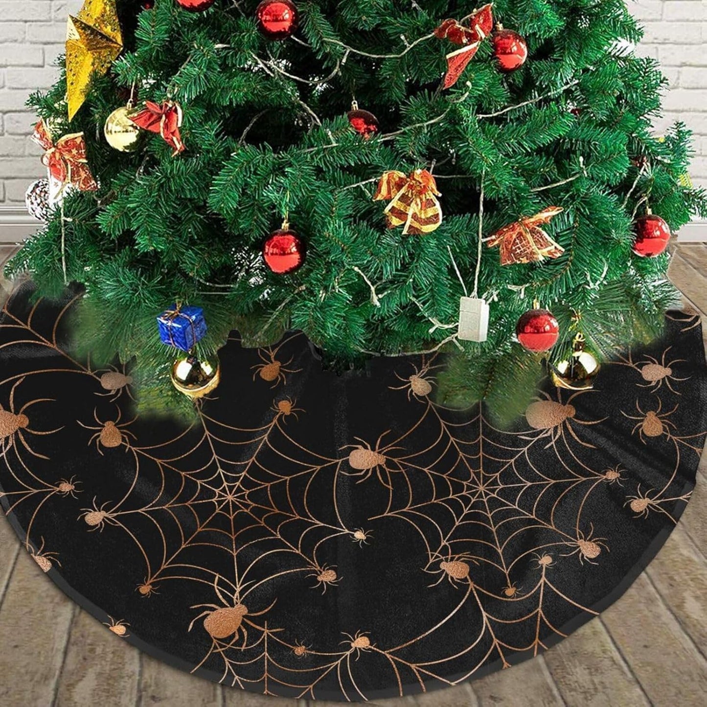 Christmas Tree Skirt,Gold Spider Web Xmas Tree Skirt Rustic Farmhouse Tree Skirt for Christmas Decor Xmas Holiday Home Party Decorations48