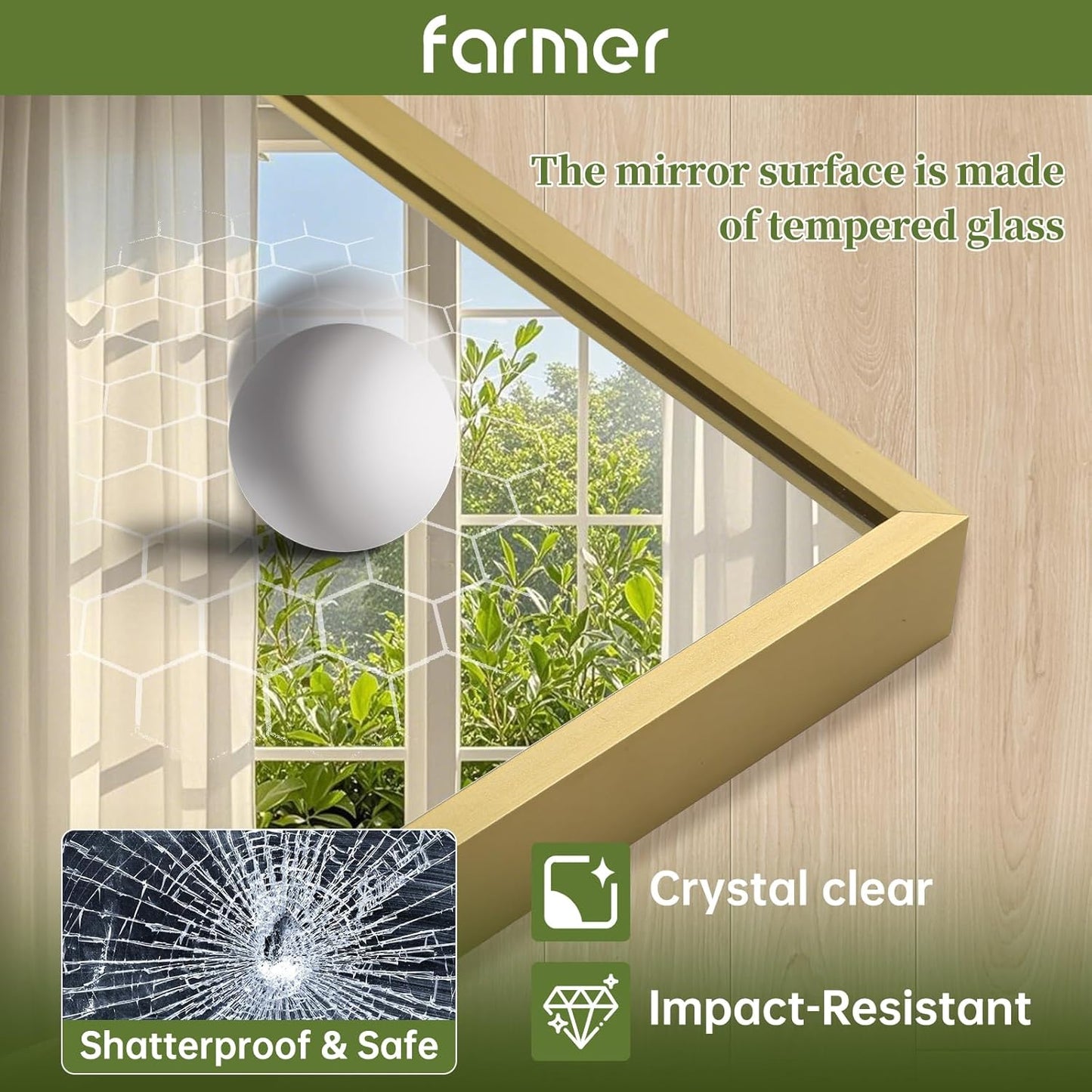 FARMER 22x30 Inch Gold Bathroom Mirror, Rectangle Wall Mounted Mirror, Vanity Mirror, Brushed Square Mirror, Framed Bathroom Mirror for Bedrooms, Entryways, Living Rooms, Horizontal/Vertical