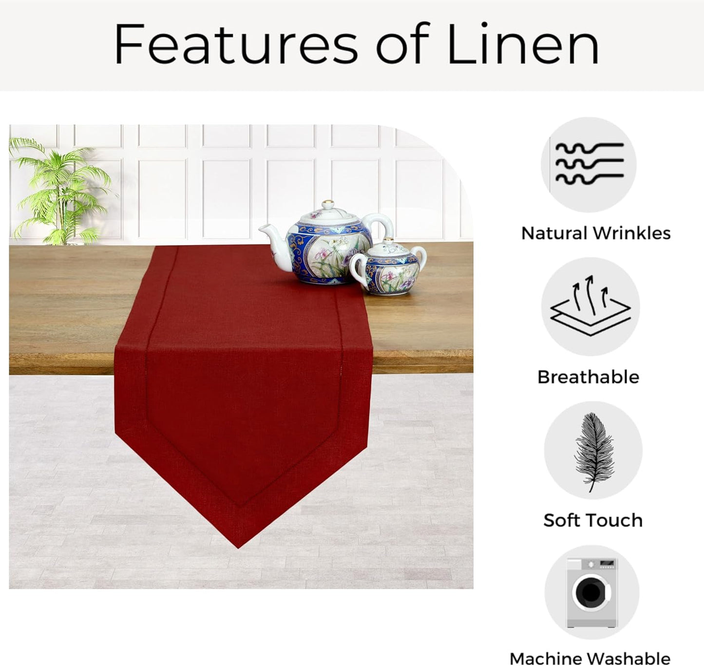 D'Moksha Homes Red Linen Table Runner 60 Inches Long - 100% Pure Linen Diamond Table Runner 14 x 60 Inch for Dining, Fall and Halloween - Machine Washable