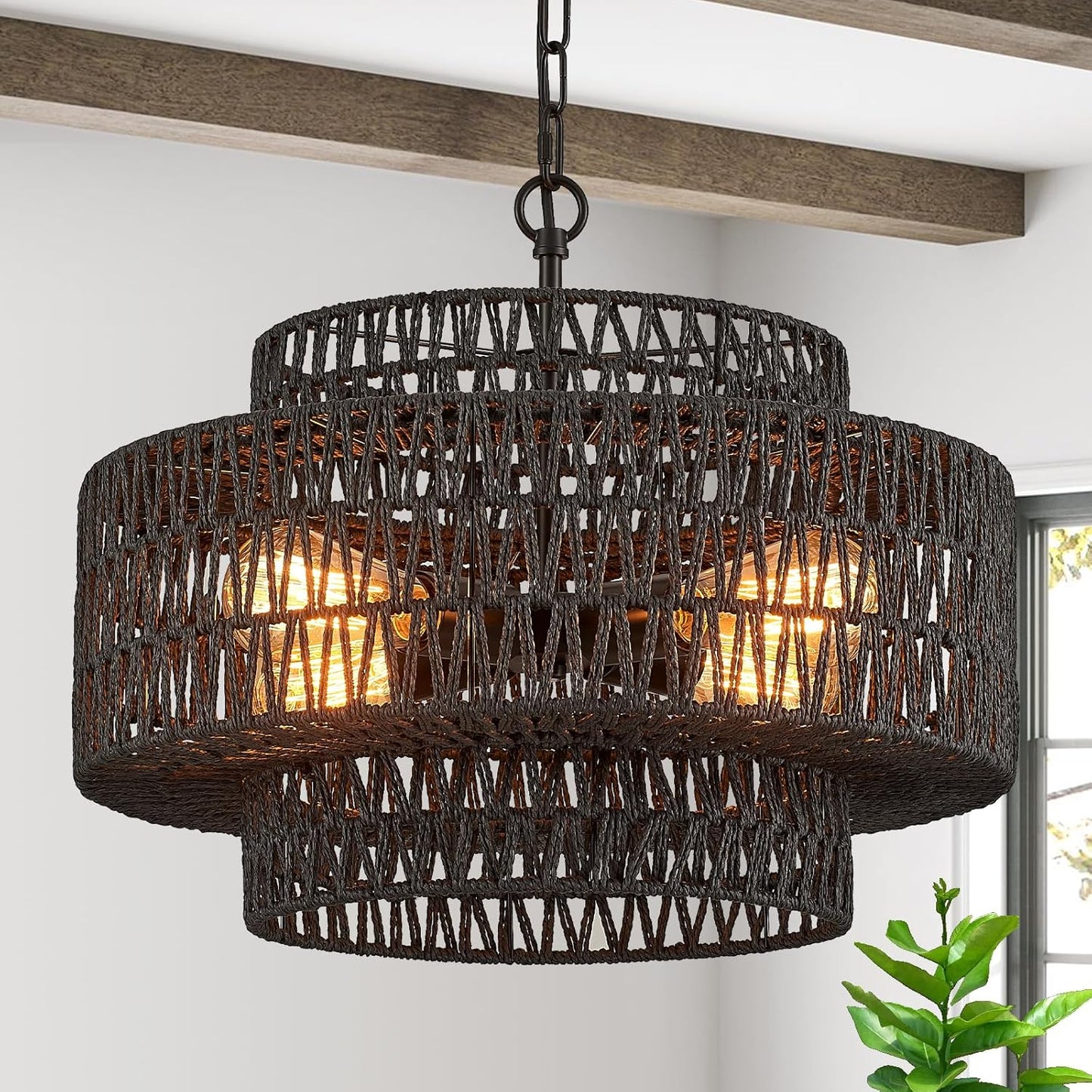 Hand-Woven Rattan Chandelier Vintage 4-Lights Farmhouse 17.7" Boho Bamboo Chandeliers Light Fixture Retro 3-Tier Drum Wicker Rattan Black Chandelier for Dining Room, Kitchen, Bedroom,Foyer