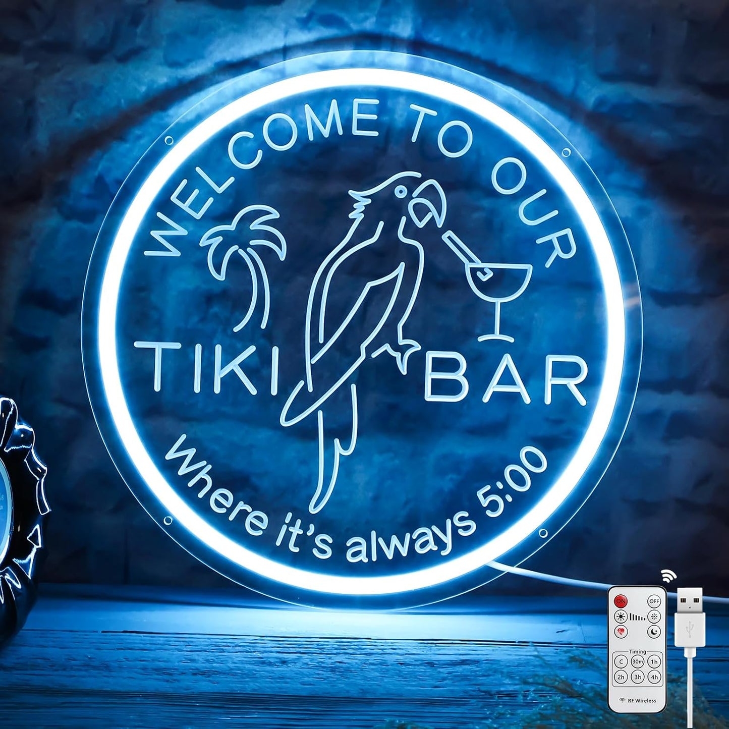 Tiki Bar Neon Sign for Bar Wall Decor, Timing Dimmable LED Neon Bar Lights, 3D Engraving Tiki Parrot Summer Light Up Signs for Home Pub Man Cave Club Restaurant Bistro Party, 12x12 Inch