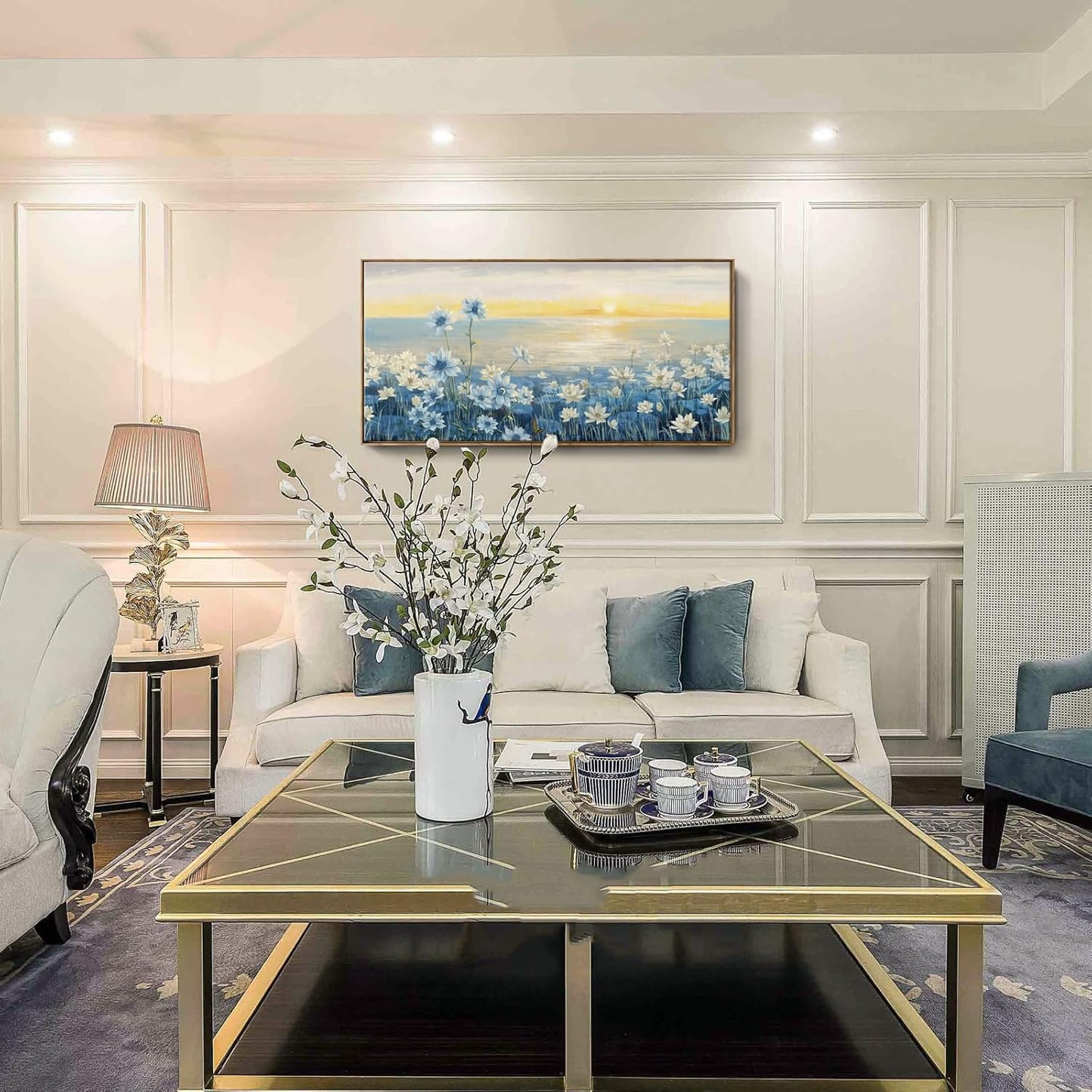 Large Framed Wall Art for Living Room Bedroom Office Decor, Modern Beach Canvas Wall Art Coastal Ocean Nature Blue Artwork Floral Sunrise/Sunset Zen Landscape Flower Wall Picture 48x24“