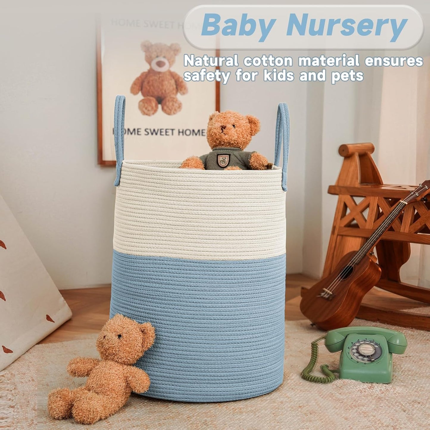 Large Woven Laundry Basket Hamper,60L Cotton Rope Storage Bin for Blankets,Toys and Clothes,Decorative Tall Nursery Hamper for Living Room,Baby Nursery,Bathroom and Bedroom,White and Blue