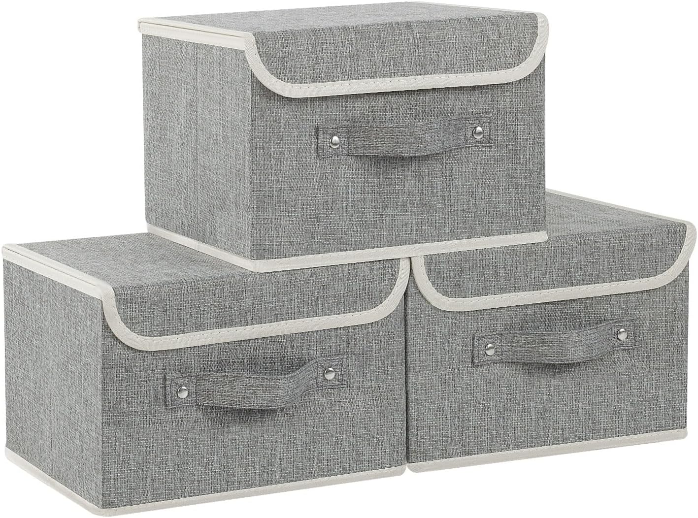 Storage Boxes, Collapsible Storage Bins with Lids, Cotton and linen cloth Storage Baskets with Handle, for Books, Closet, Bedroom, Home, Grey, 3 Pack 10.2 X 7.9 X 6.7in