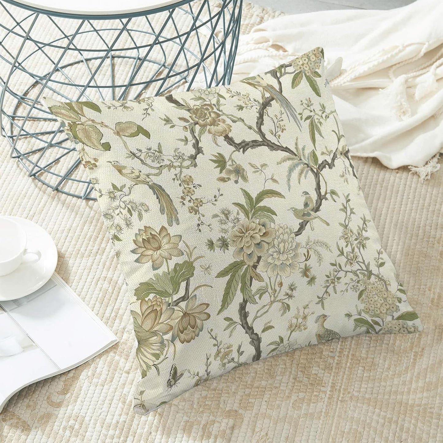 CXMEIFLY Spring Floral Birds Pillow Covers 16 x 16 Inch Set of 2 for Chinoiserie Flowers Decor Throw Pillows Sage Green Plant Outdoor Decorative Cushion Cases for Couch Bed Decorations