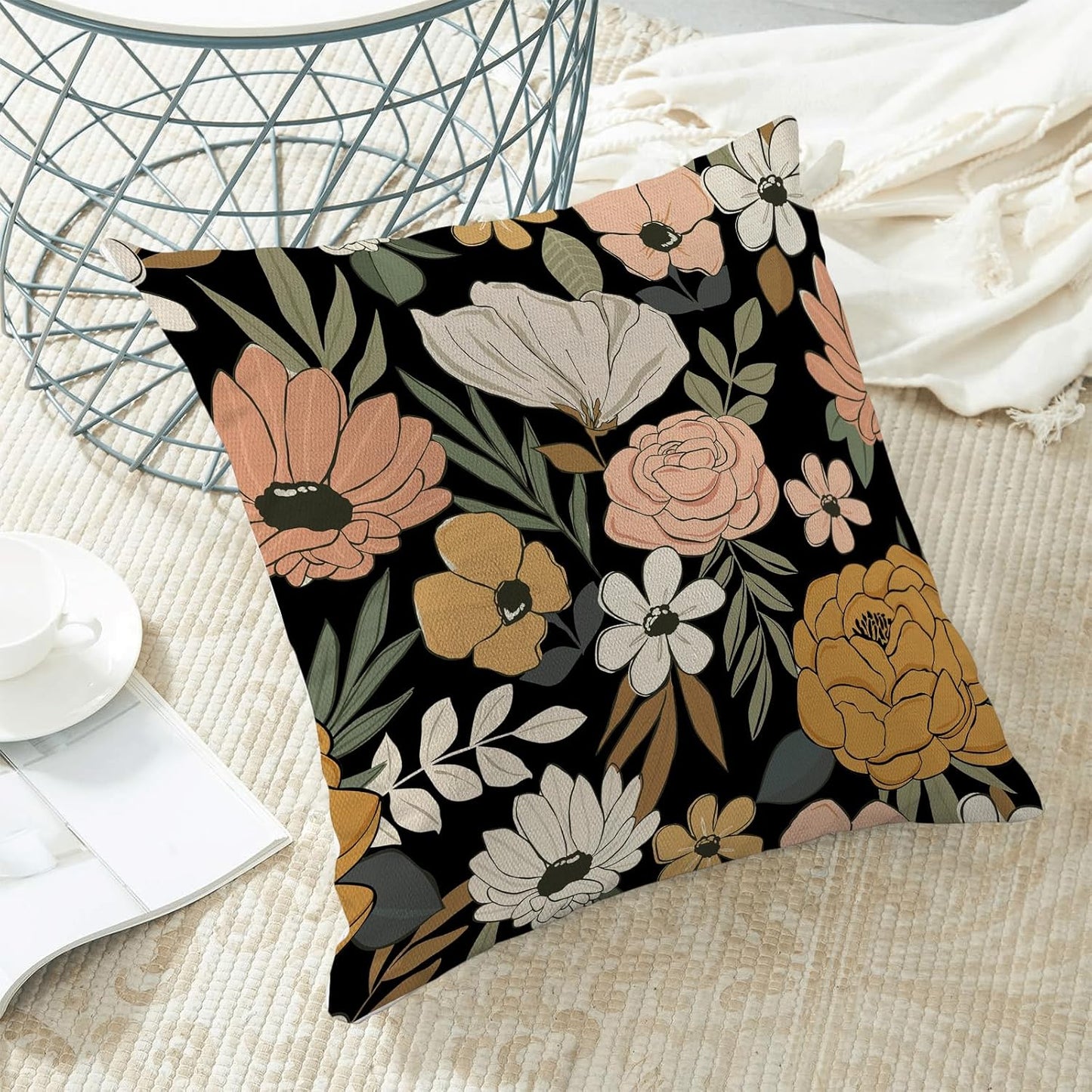 CXMEIFLY Spring Floral Pillow Covers 16 x 16 Inch Set of 2 for Vintage Pink Mustard Yellow Cream Flowers Decor Throw Pillows Plant Black Outdoor Decorative Cushion Cases for Couch Bed Decorations