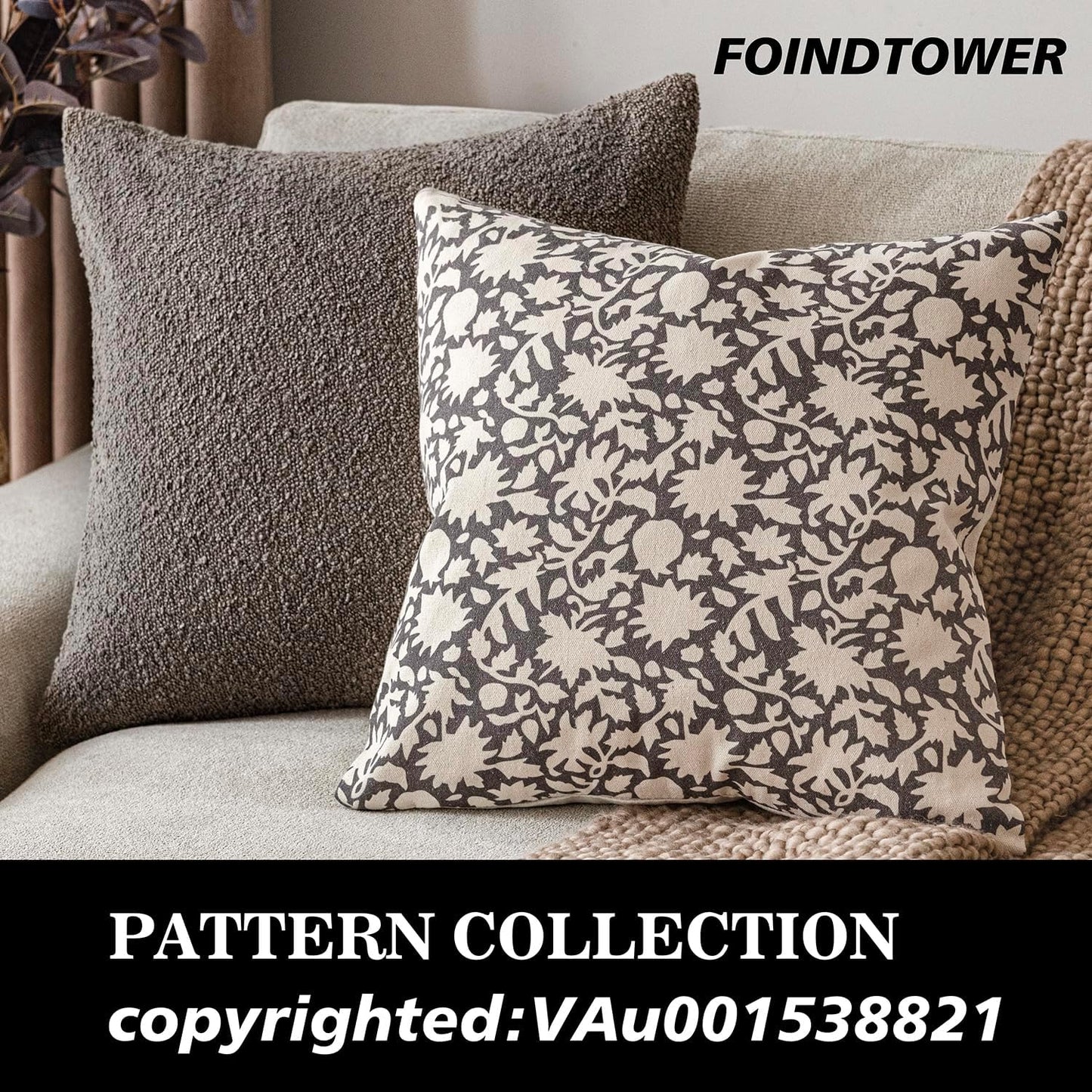 Foindtower Set of 2 Decorative Neutral Floral Throw Pillow Covers Accent Farmhouse Cushion Covers Boho Vintage Pillowcase for Couch Sofa Bedroom Living Room Home Decor Outdoor,18×18 Inch,Rustic Gray