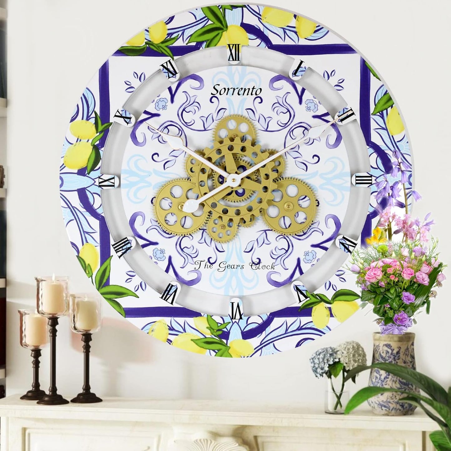 The Gears Clock Wall Clock Italy Collection with Moving Gears (Sorrento, 24 inch Round)