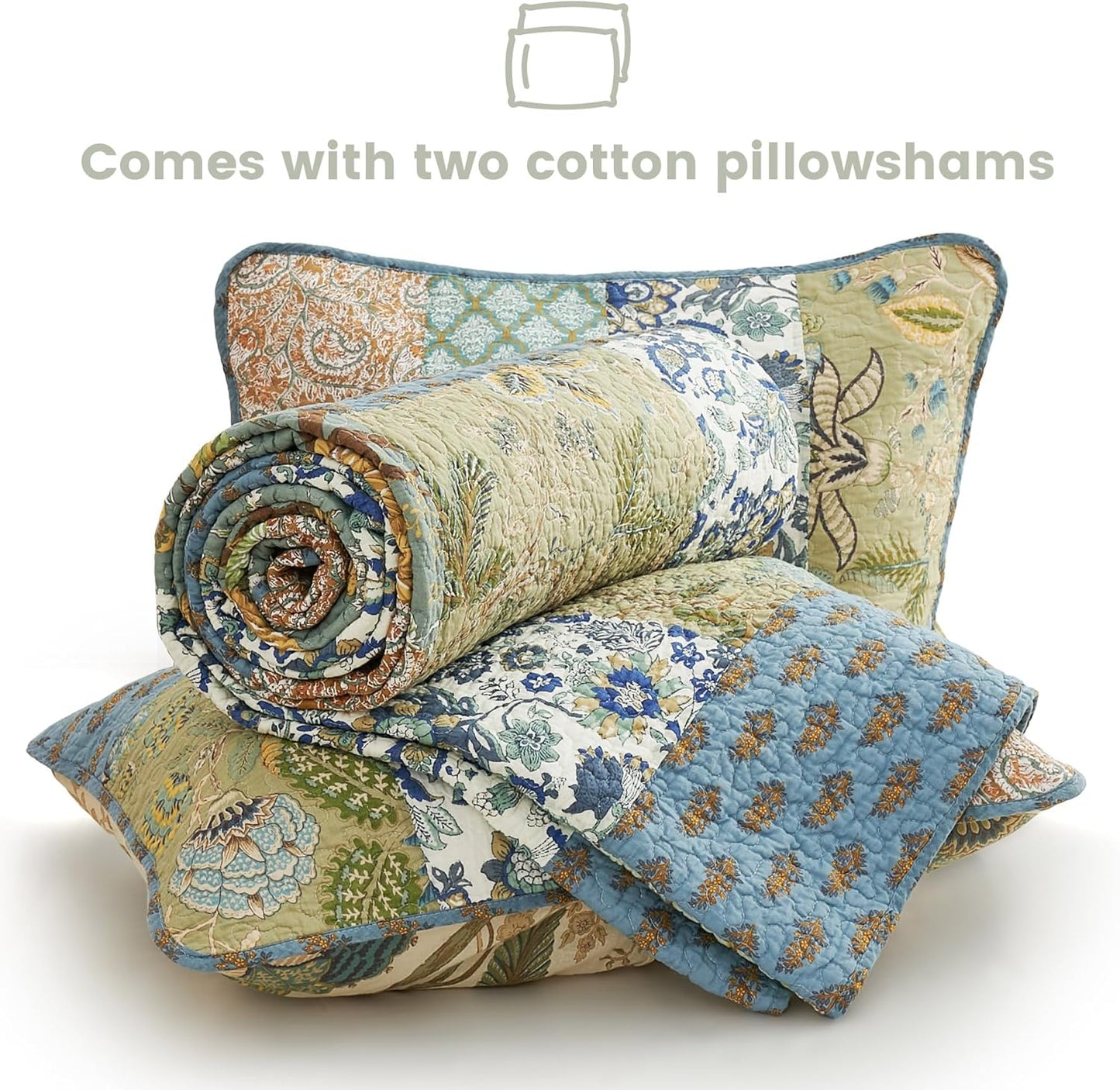 Secgo King Size Comforter Set- 100% Cotton Quilt King Size Set, Green, Sage bedspreads (96 * 108 Inch) with 2 Pillow Shams, Patchwork Reversible Lightweight Bedding