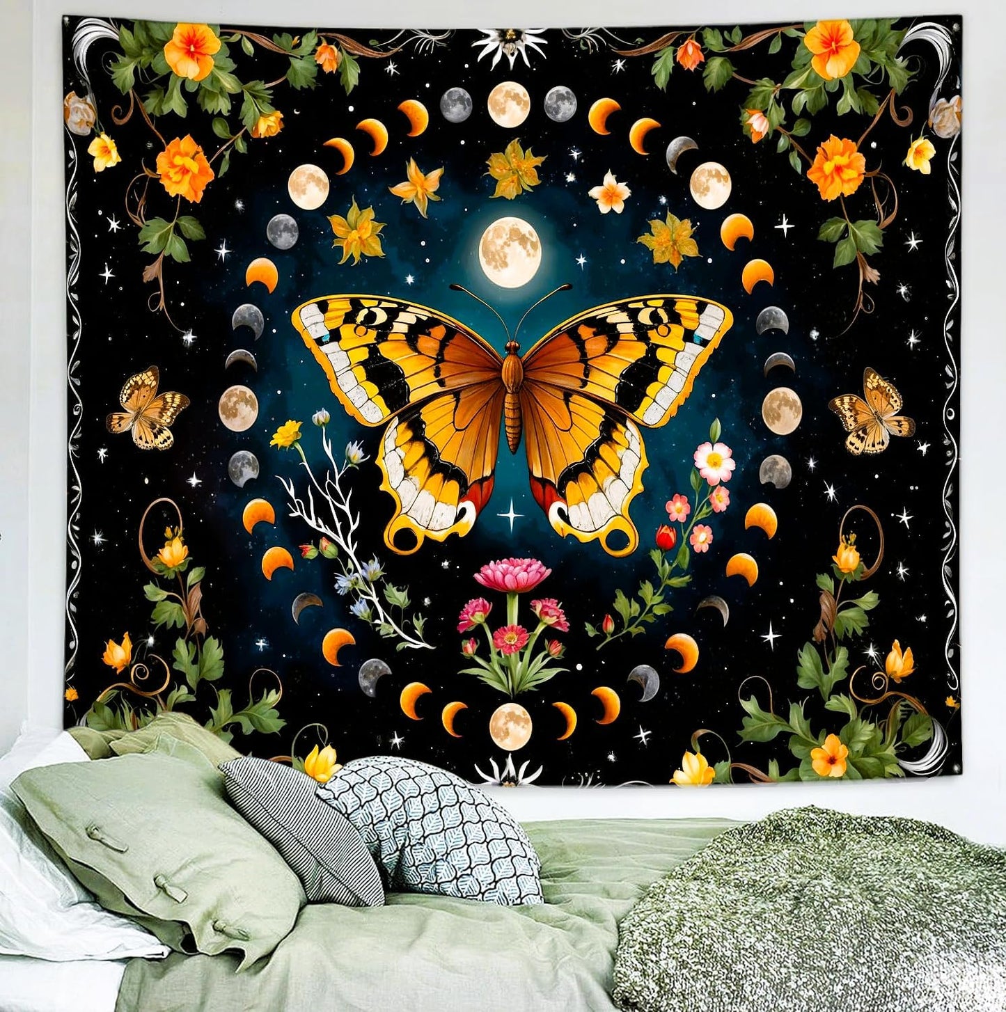 Delur Butterfly Moon Flower Tapestry Botanical Floral Plant Boho Tapestry Wall Hanging Mandala Aesthetic Mushroom Retro Vintage Headboard for Bedroom Living Room Home Decor (70.8" x 92.5")