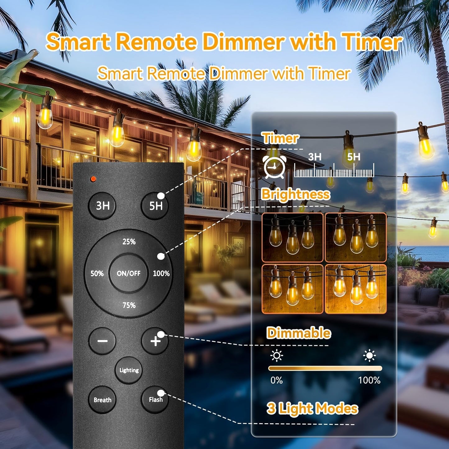 Outdoor String Lights Patio LED Light Outside - 20M 18+1 S14 LED with Remote Control 65ft Porch Lighting IP65 Waterproof