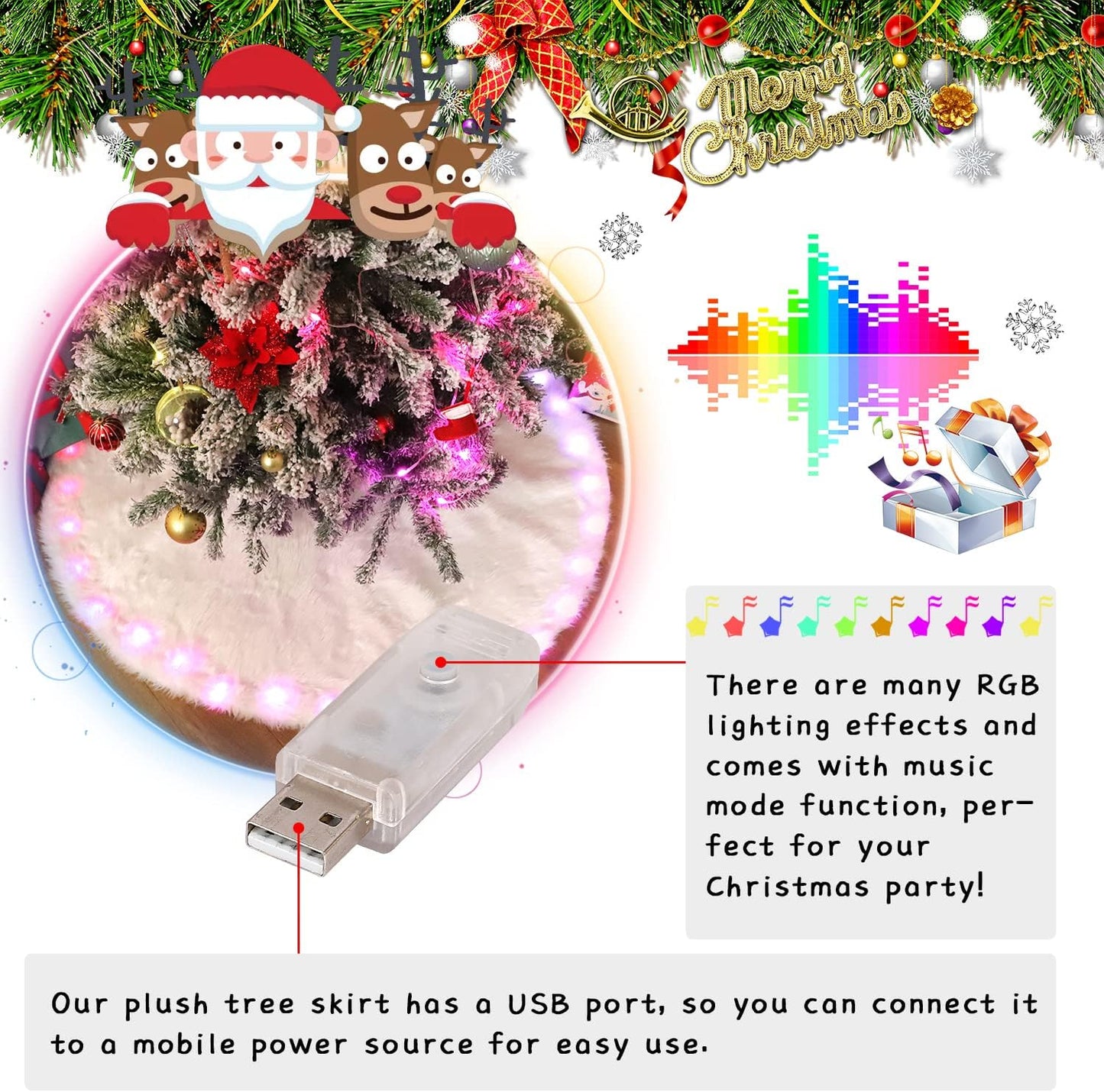 48 Inch Faux Fur Christmas Tree Skirt with Lights Soft Snow White Plush Tree Mat Christmas Decorations Fluffy Tree Skirts Xmas Holiday Party Indoor Decorations