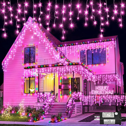Icicle Christmas Lights Outdoor 66ft 640 LED Pink Christmas Lights for Outside 8 Modes with 120 Drops, Waterproof Icicle Light Plug in for Indoor Party House Christmas Decorations