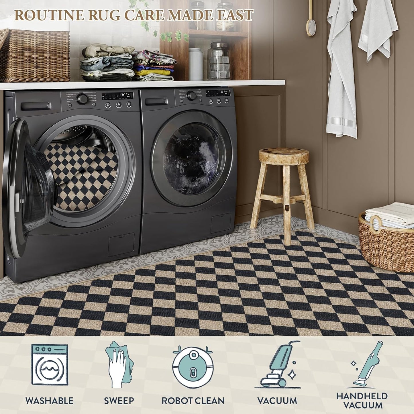 Lahome Checkered Dining Living Room Rug, 5x7 Washable Indoor Outdoor Easy Jute Rug, Farmhouse Neutral Diamond Non Slip Non Shedding Floor Carpet for Sunroom Deck Classroom Office