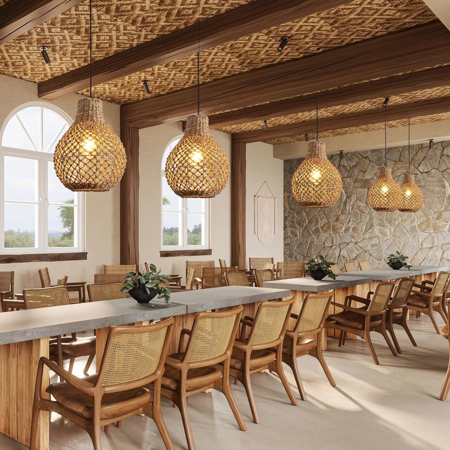 2-Pack Rattan Pendant Light,Boho 11.03" Wicker Hand-Woven Ceiling Hanging Farmhouse Chandelier for Kitchen Island Dining Room Bedroom